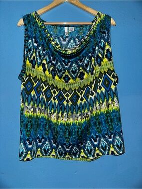 Sleeveless Cowl Neck Print Top - Blue & Yellow